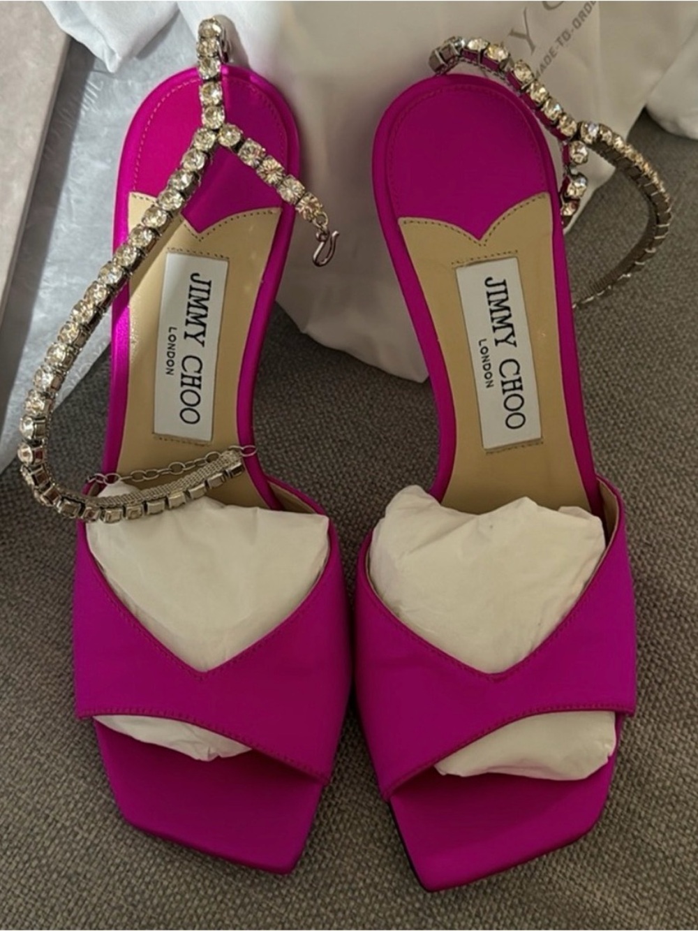 JIMMY CHOO HOT PINK RHINESTONE BARBIE HEELS SIZE 38 NEVER WORN IN BOX